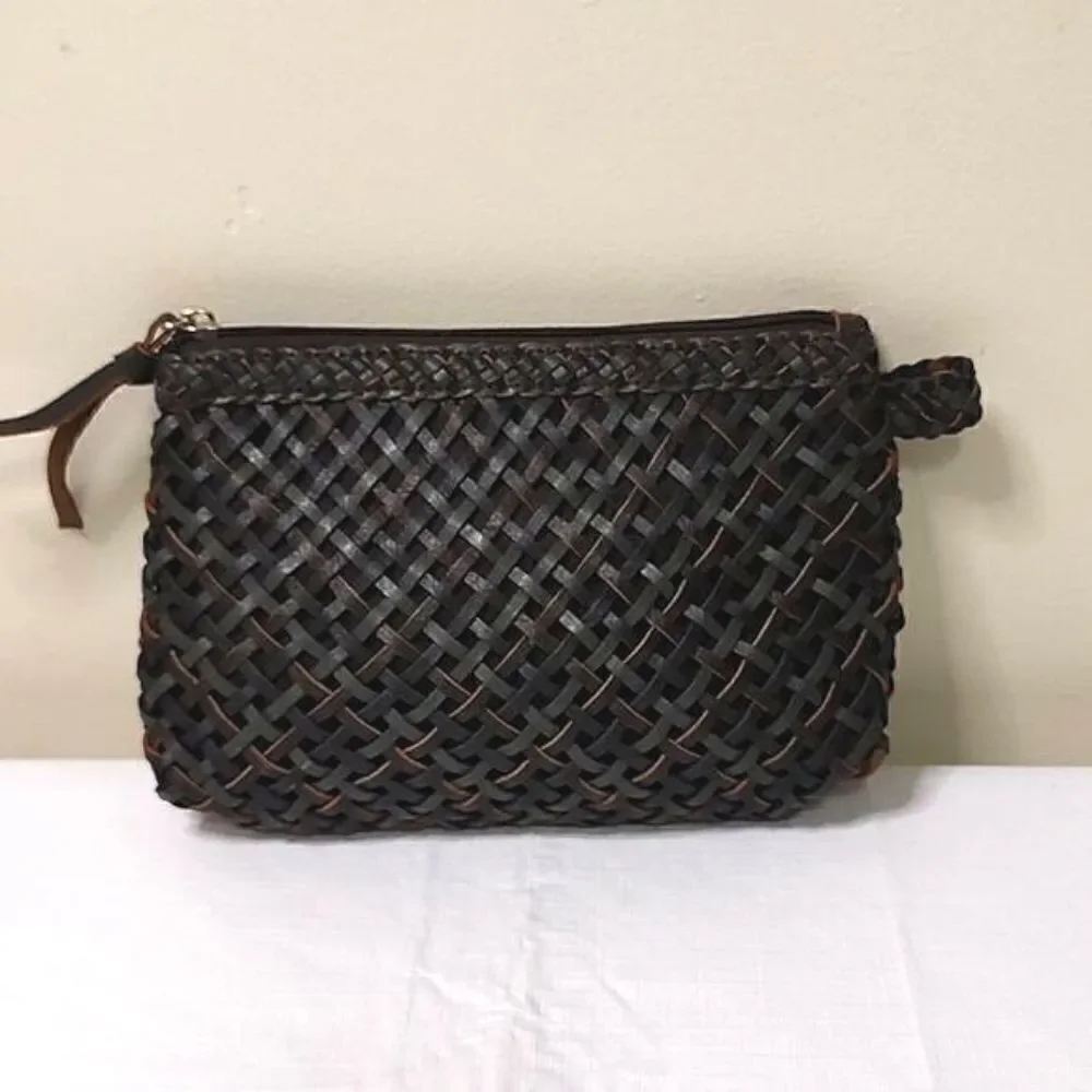 Ceannis Sweden Cosmetic Bag Sweet Woven Brown Leather Clutch Wristlet Bag